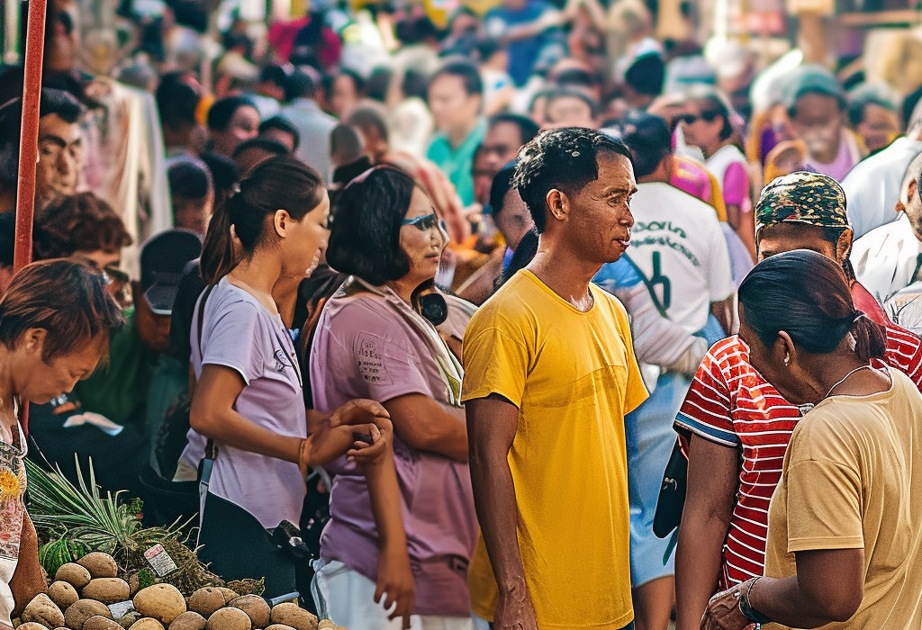 A diverse crowd in a bustling market in the Philippines