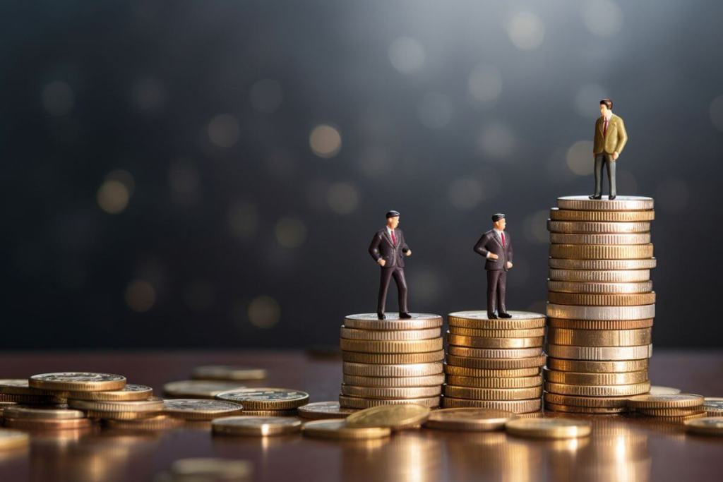 Business growth and wealth management concept with professionals standing on stacks of coins.